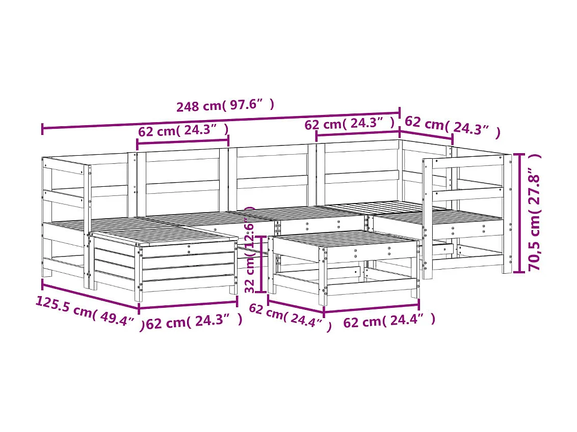 Set Divani da Giardino 7 pz Bianco in Legno Massello di Pino