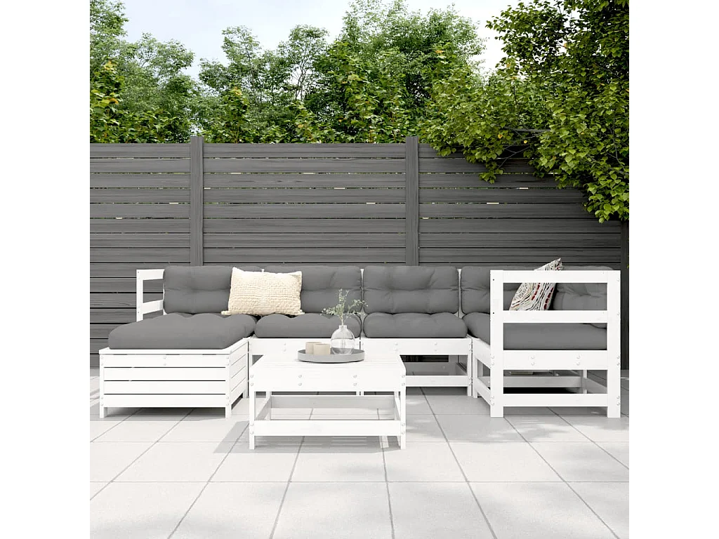 Salon de jardin 7 pcs blanc bois de pin massif