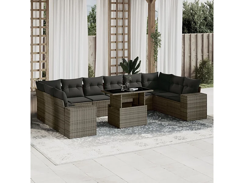 Salon de jardin 11 pcs avec coussins gris résine tressée