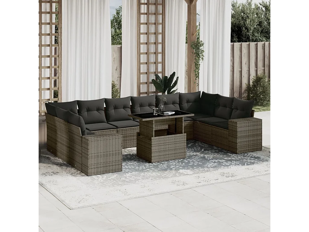 Salon de jardin 11 pcs avec coussins gris résine tressée