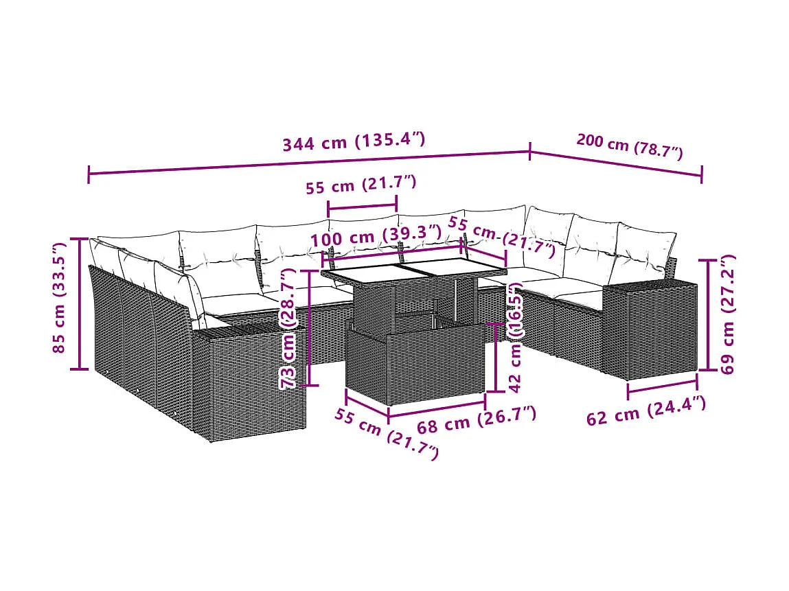 Set Divani da Giardino 11 pz con Cuscini in Polyrattan Grigio