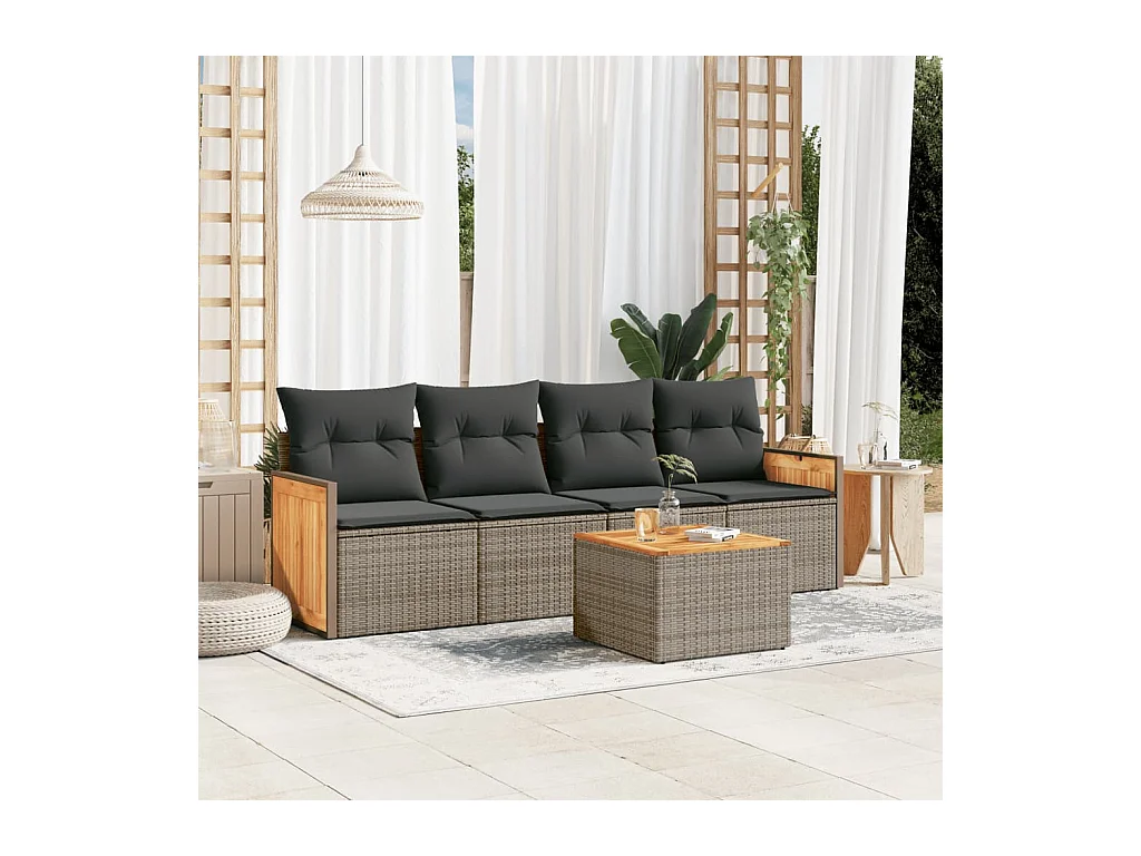 Salon de jardin 5 pcs avec coussins gris résine tressée