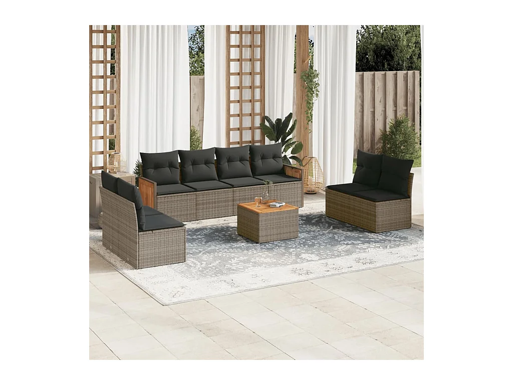 9 pcs conjunto sofás p/ jardim com almofadões vime PE cinzento