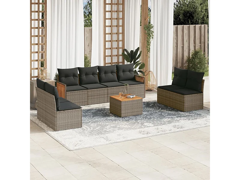 Set Divano da Giardino 9 pz con Cuscini Grigio in Polyrattan