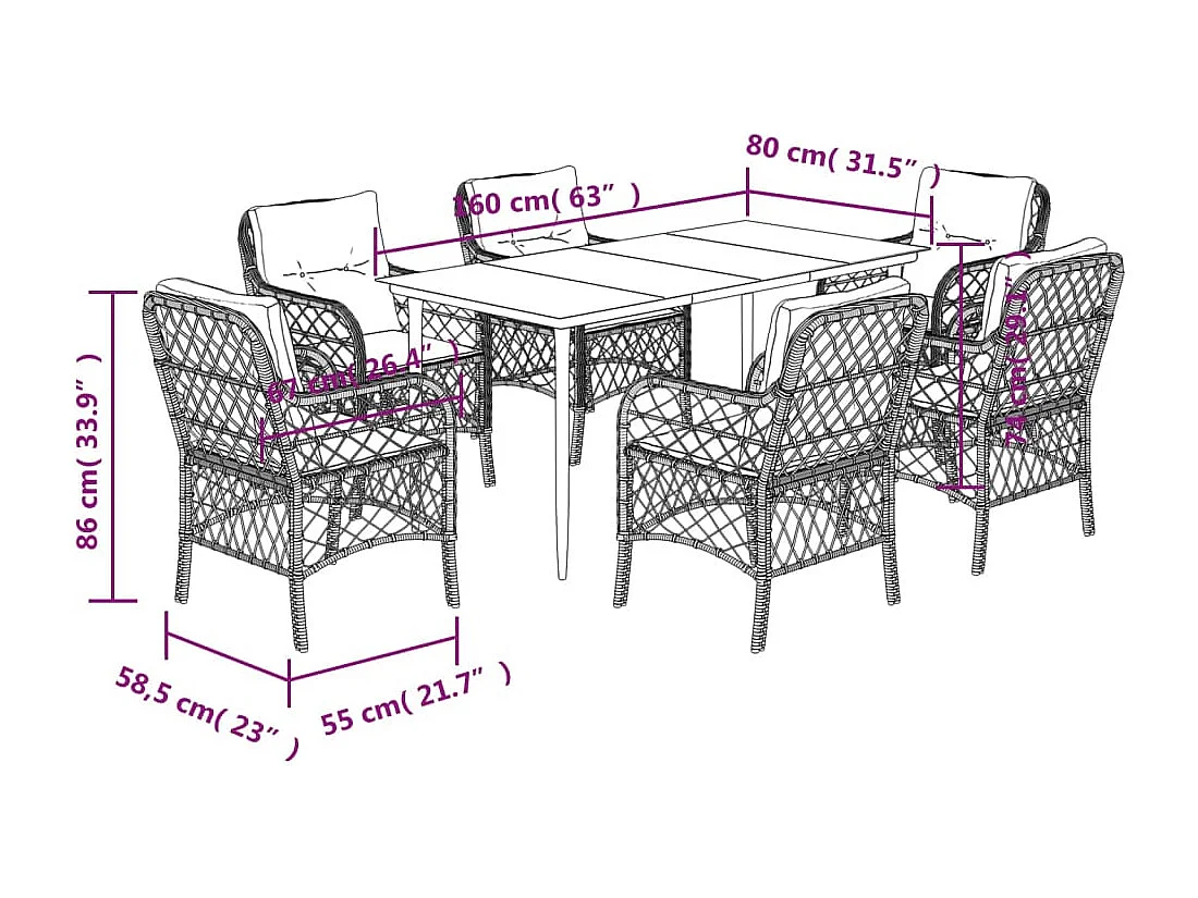 7-tlg. Garten-Essgruppe mit Kissen Schwarz Poly Rattan