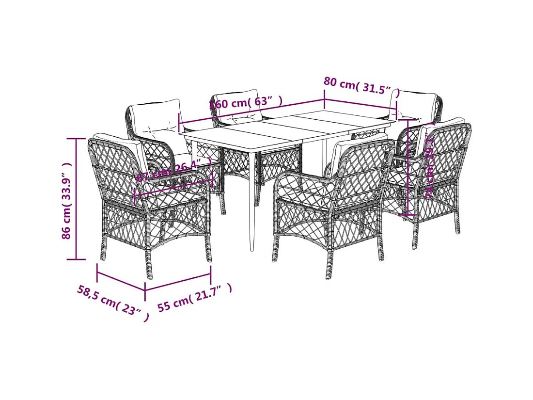 Set de comedor de jardín 7 pzas y cojines ratán sintético negro