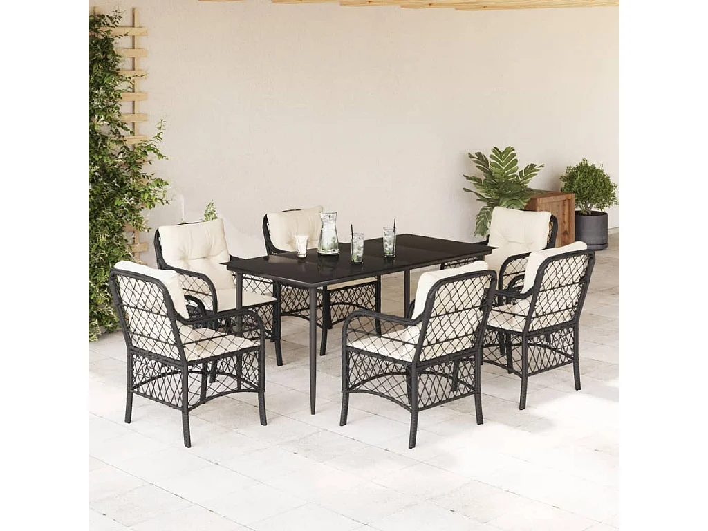 Set da Pranzo da Giardino 7 pz Nero con Cuscini in Polyrattan