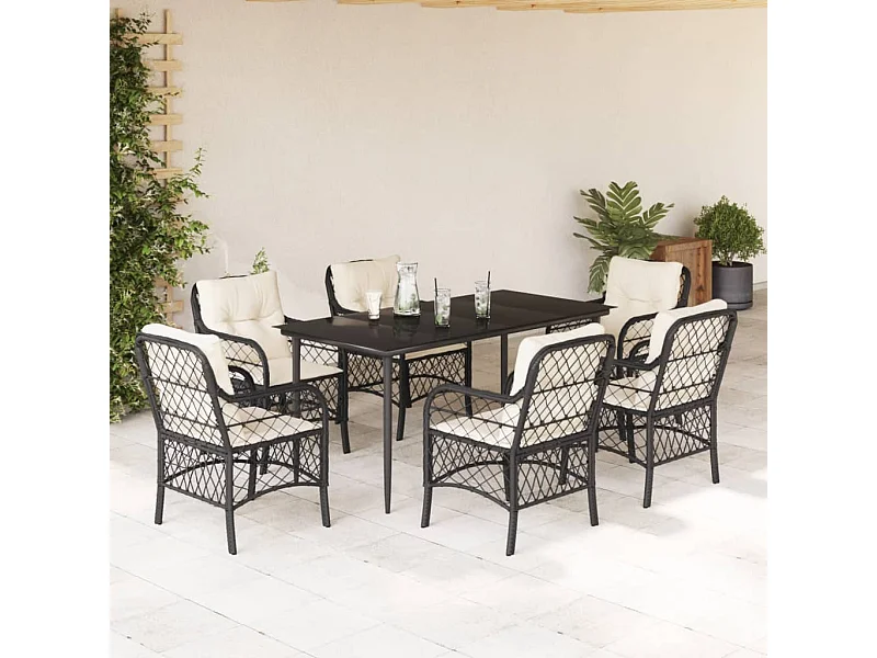 7-tlg. Garten-Essgruppe mit Kissen Schwarz Poly Rattan