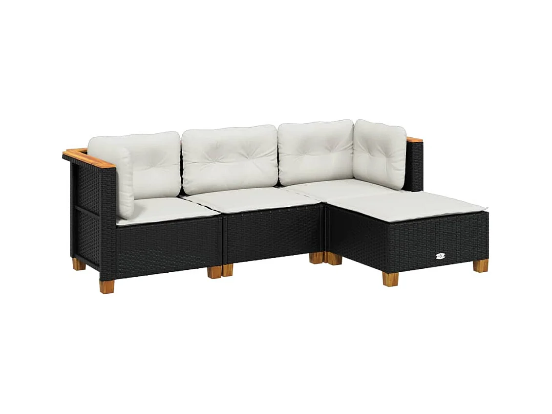 Salon de jardin 4 pcs avec coussins noir résine tressée