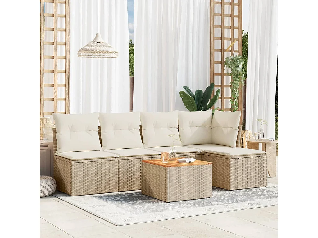 Set Divano da Giardino 6 pz con Cuscini Beige in Polyrattan