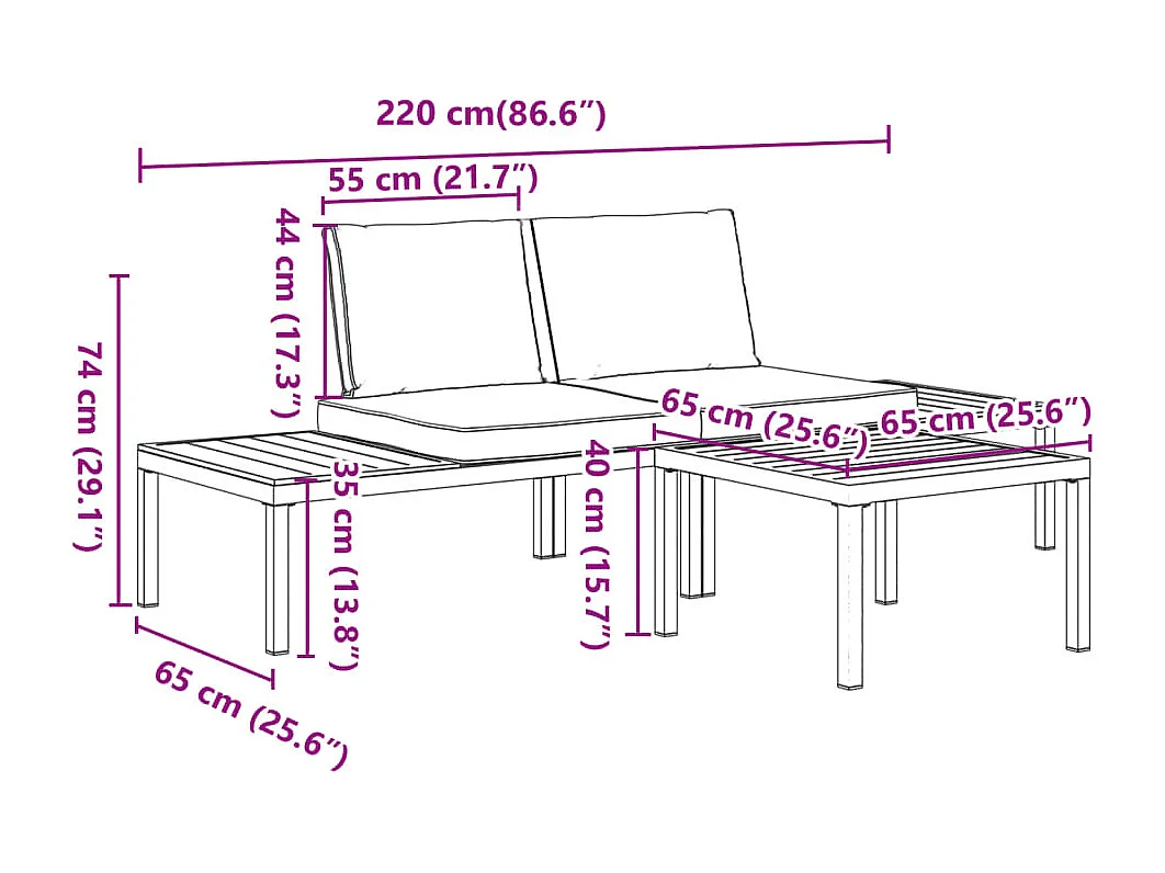 Salon de jardin 3 pcs avec coussins noir aluminium