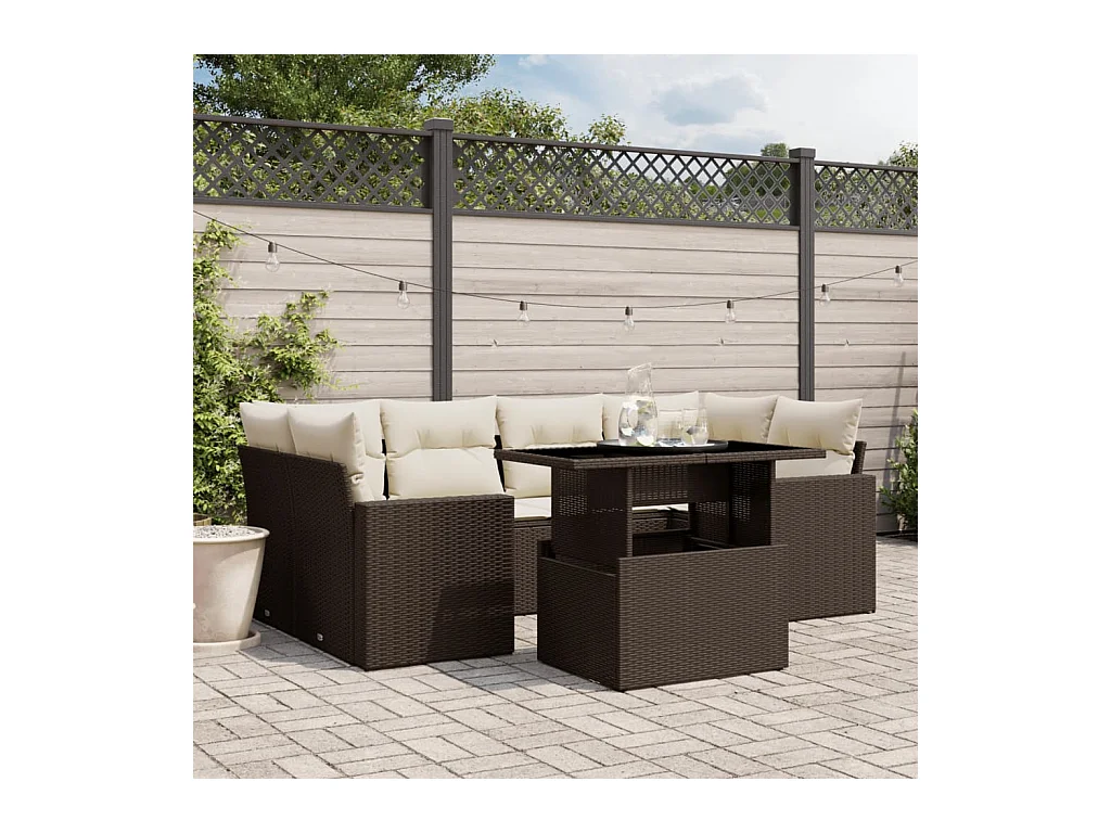 Salon de jardin avec coussins 7 pcs marron résine tressée