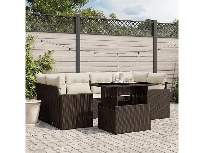 7-delige Loungeset met kussens poly rattan bruin