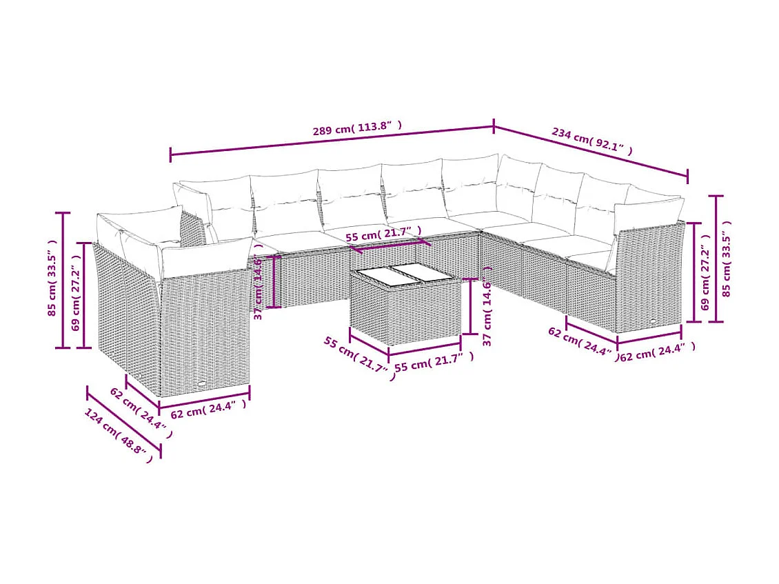 Set de sofás de jardín 11pzas con cojines ratán sintético beige