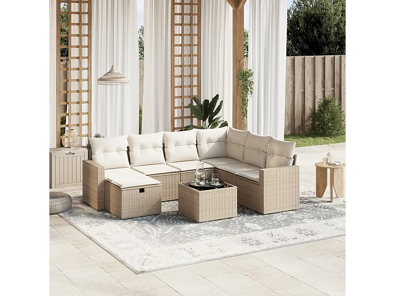 Salon de jardin avec coussins 8 pcs beige résine tressée
