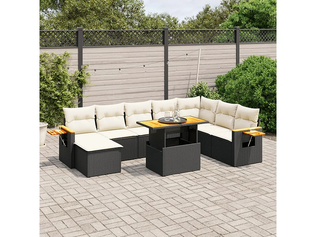Set Divani da Giardino 9 pz con Cuscini Nero in Polyrattan