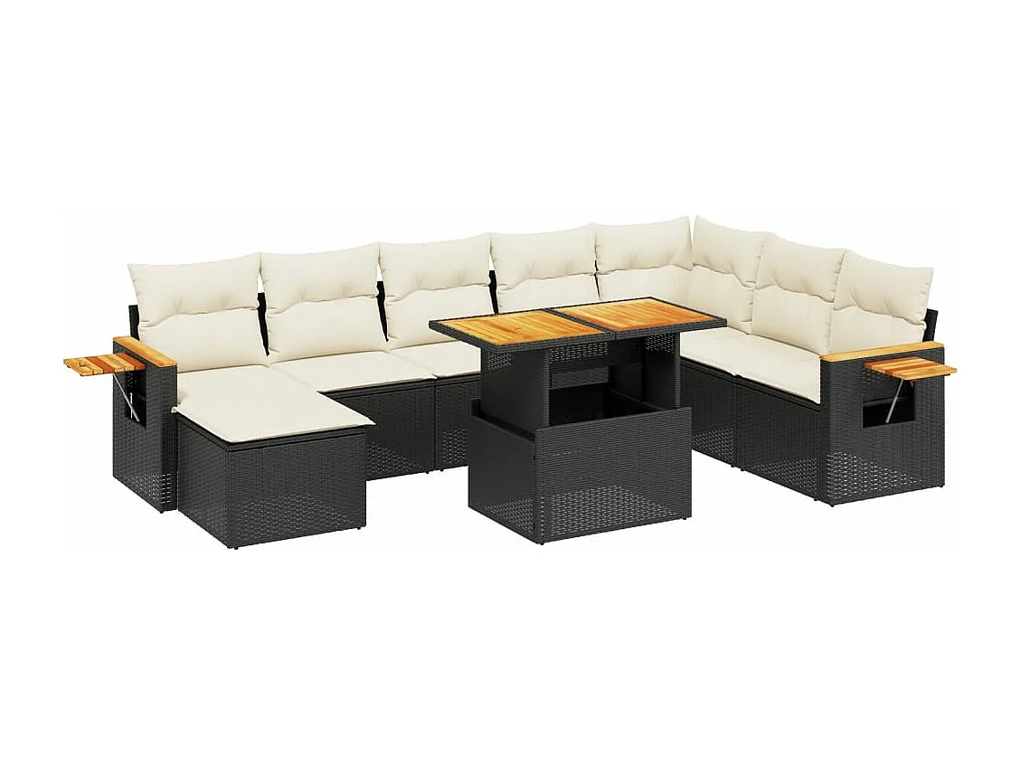 Set Divani da Giardino 9 pz con Cuscini Nero in Polyrattan