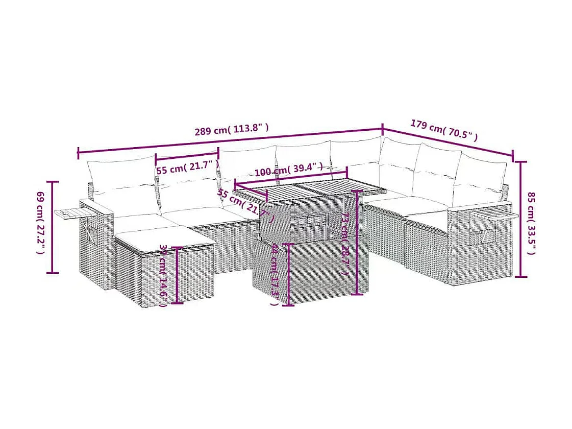 Set Divani da Giardino 9 pz con Cuscini Nero in Polyrattan