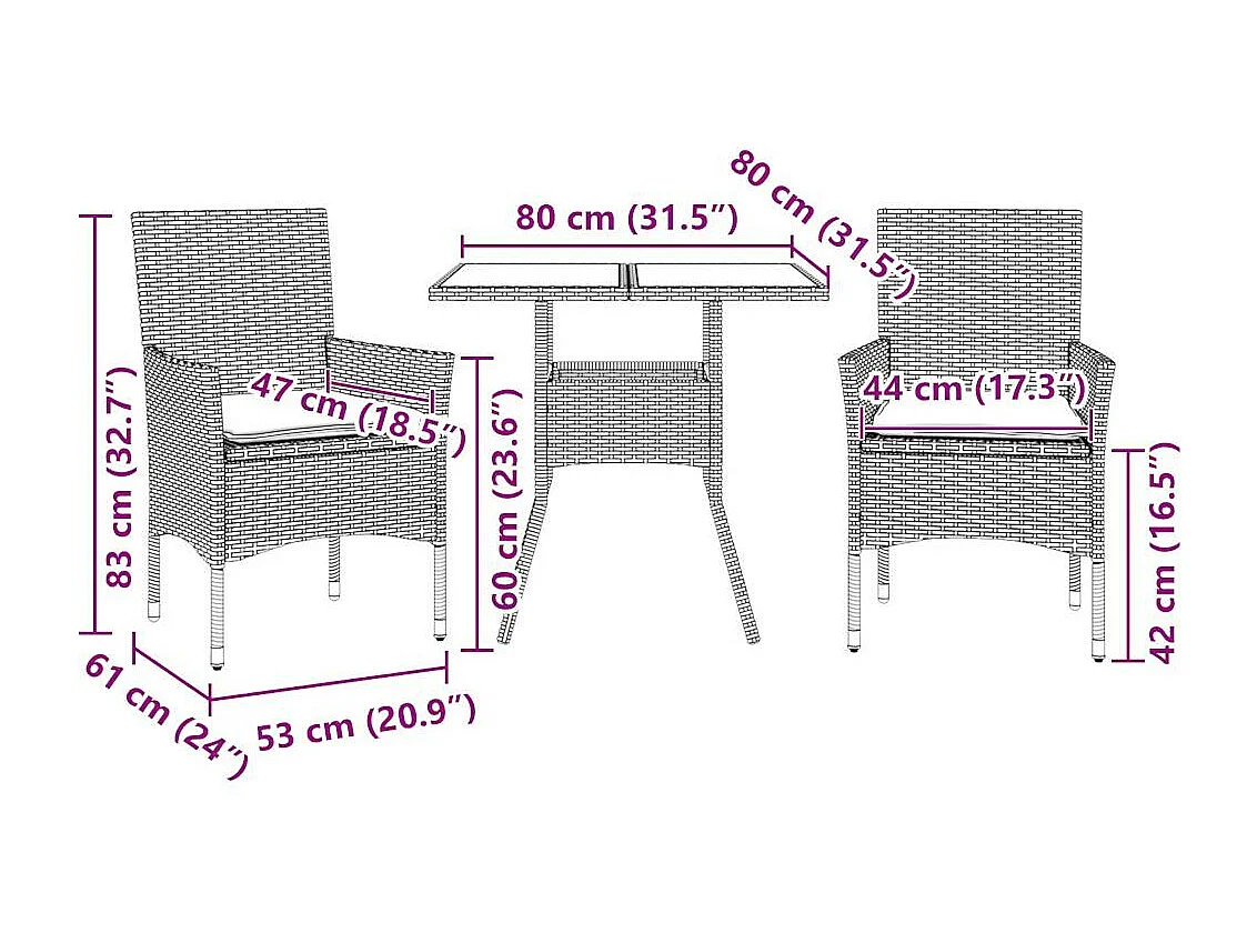 Set da Pranzo da Giardino 3pz con Cuscini Polyrattan e Vetro
