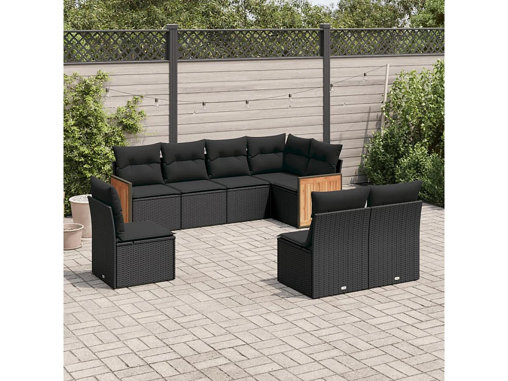 8 pcs conjunto sofás de jardim com almofadões vime PE preto