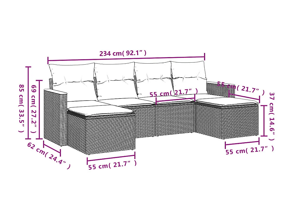 Salon de jardin 6 pcs avec coussins gris résine tressée