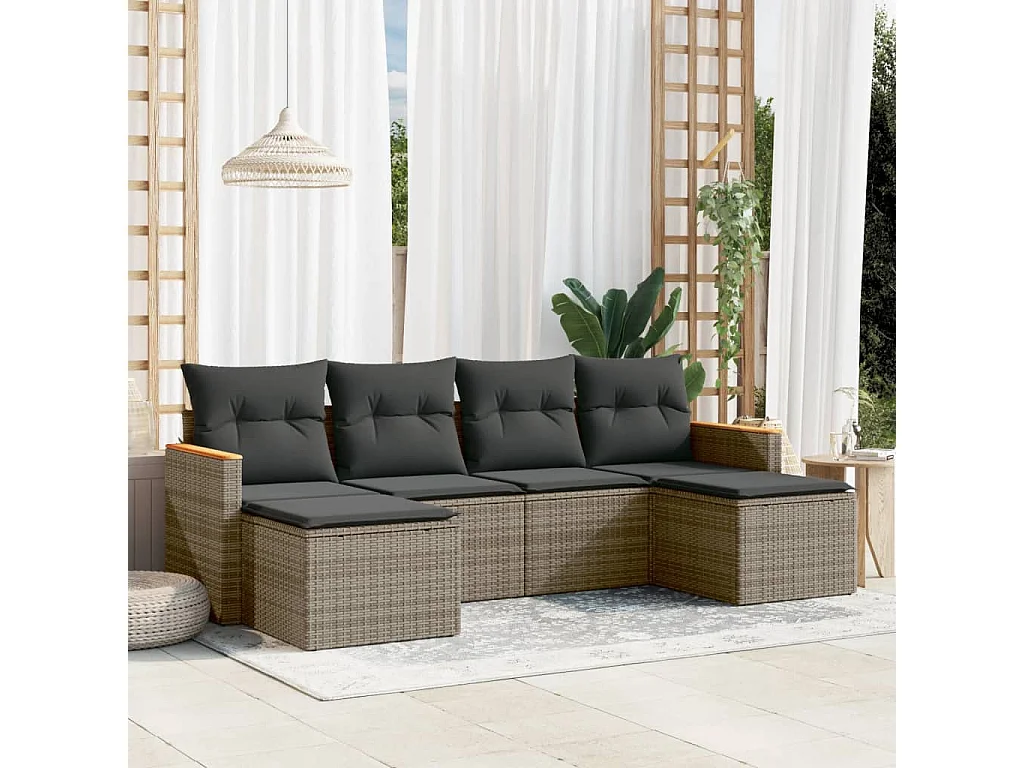 Set Divano da Giardino 6 pz con Cuscini Grigio in Polyrattan