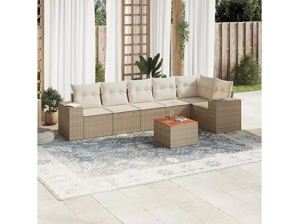 Salon de jardin avec coussins 7 pcs beige résine tressée