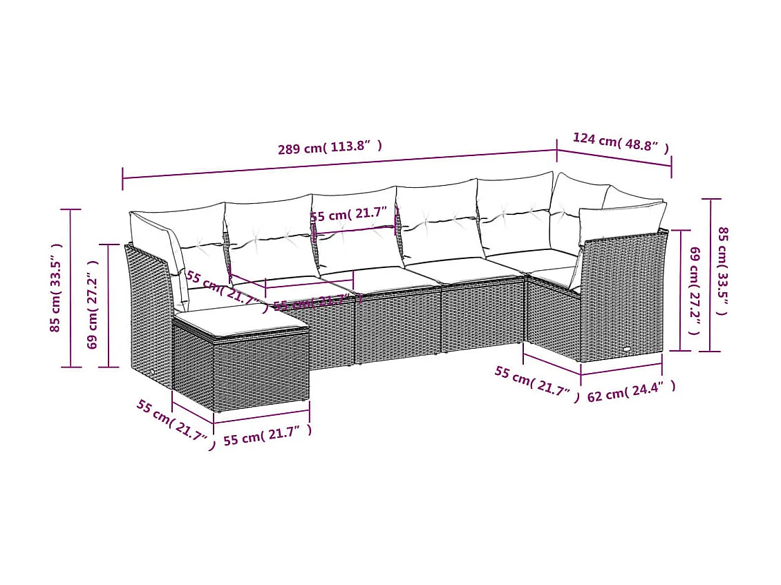 Set Divani da Giardino 7 pz con Cuscini Marrone in Polyrattan