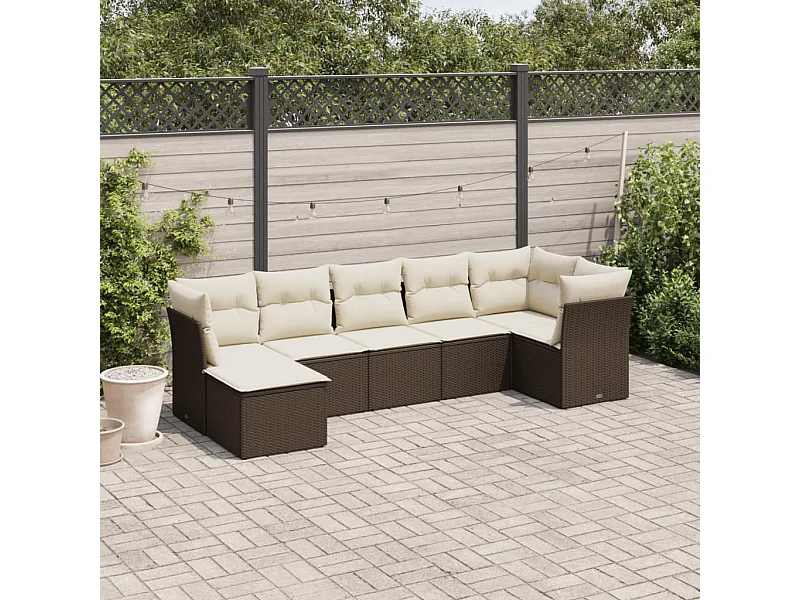 Salon de jardin avec coussins 7 pcs marron résine tressée