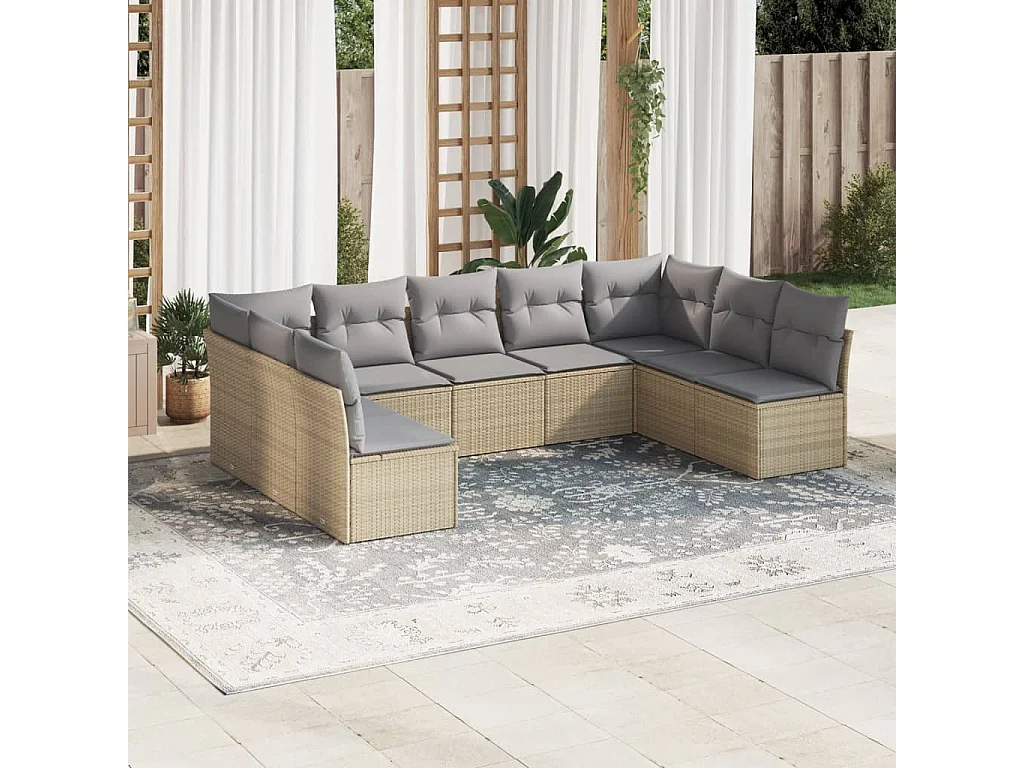 Salon de jardin avec coussins 9 pcs beige résine tressée