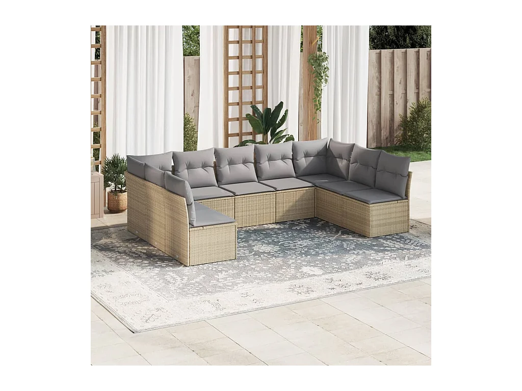 Salon de jardin avec coussins 9 pcs beige résine tressée