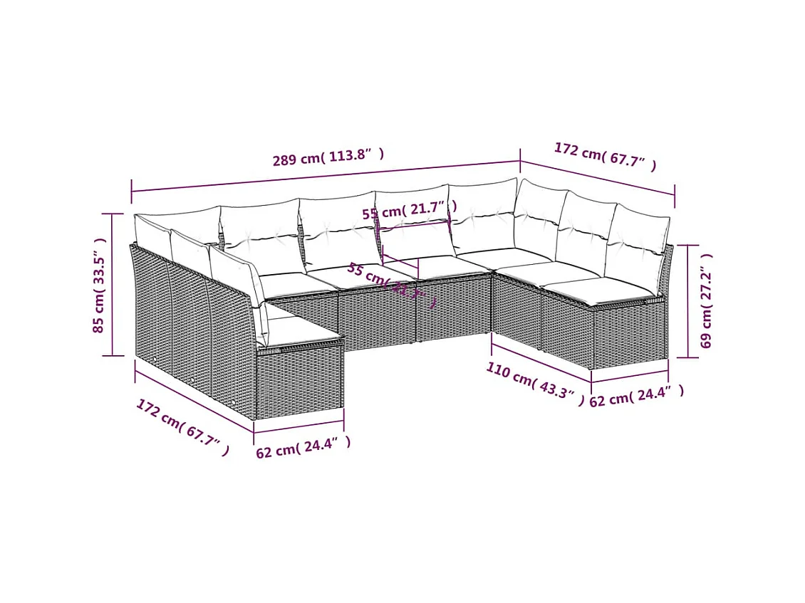 Salon de jardin avec coussins 9 pcs beige résine tressée