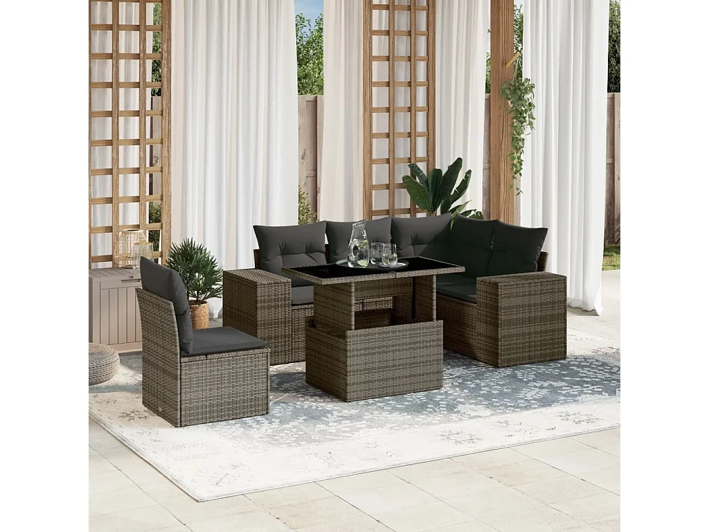 Set Divano da Giardino 6 pz con Cuscini Grigio in Polyrattan