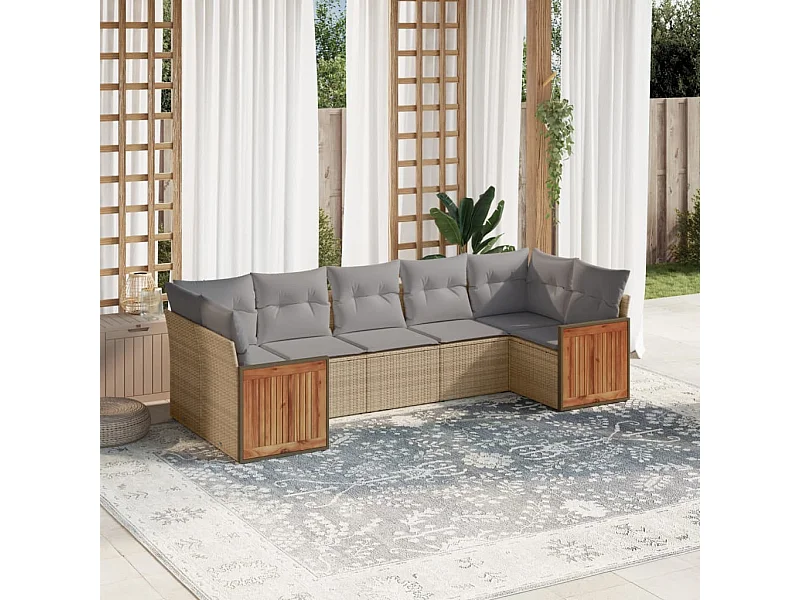 Salon de jardin avec coussins 7 pcs beige résine tressée