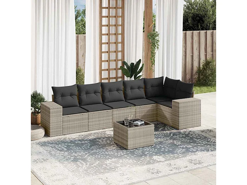 Salon de jardin avec coussins 7 pcs gris clair résine tressée