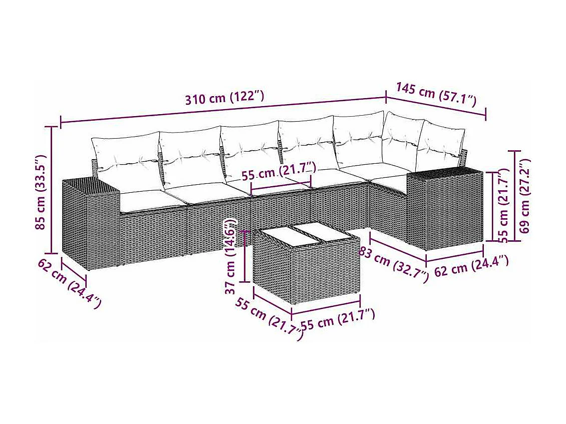7-delige Loungeset met kussens poly rattan lichtgrijs