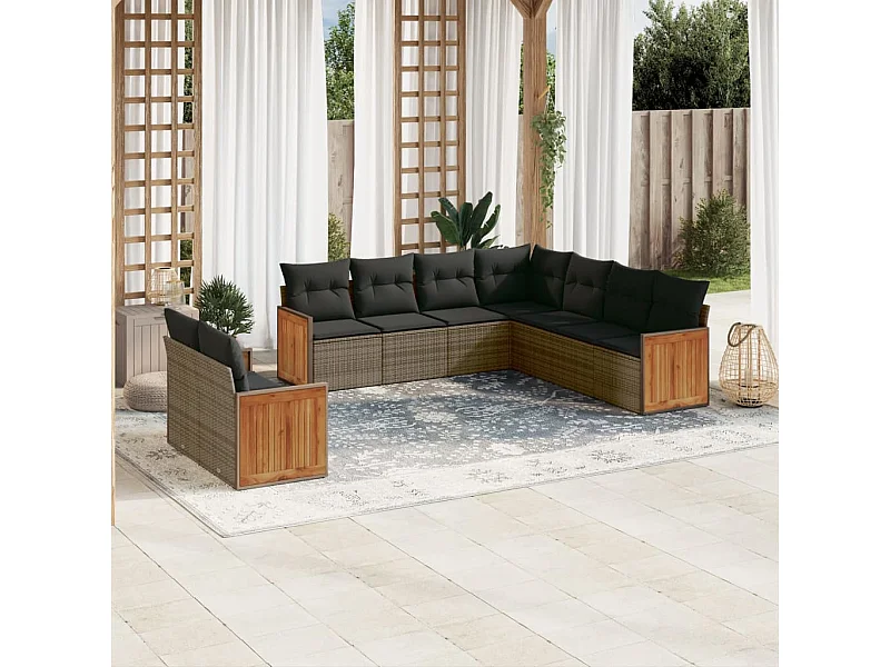 Set Divano da Giardino 9 pz con Cuscini Grigio in Polyrattan