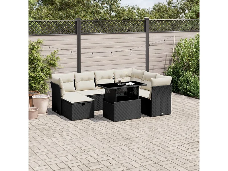 Salon de jardin 8 pcs avec coussins noir résine tressée