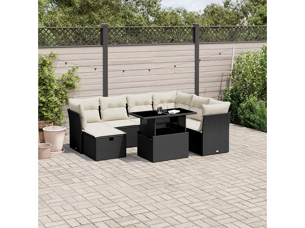 Salon de jardin 8 pcs avec coussins noir résine tressée