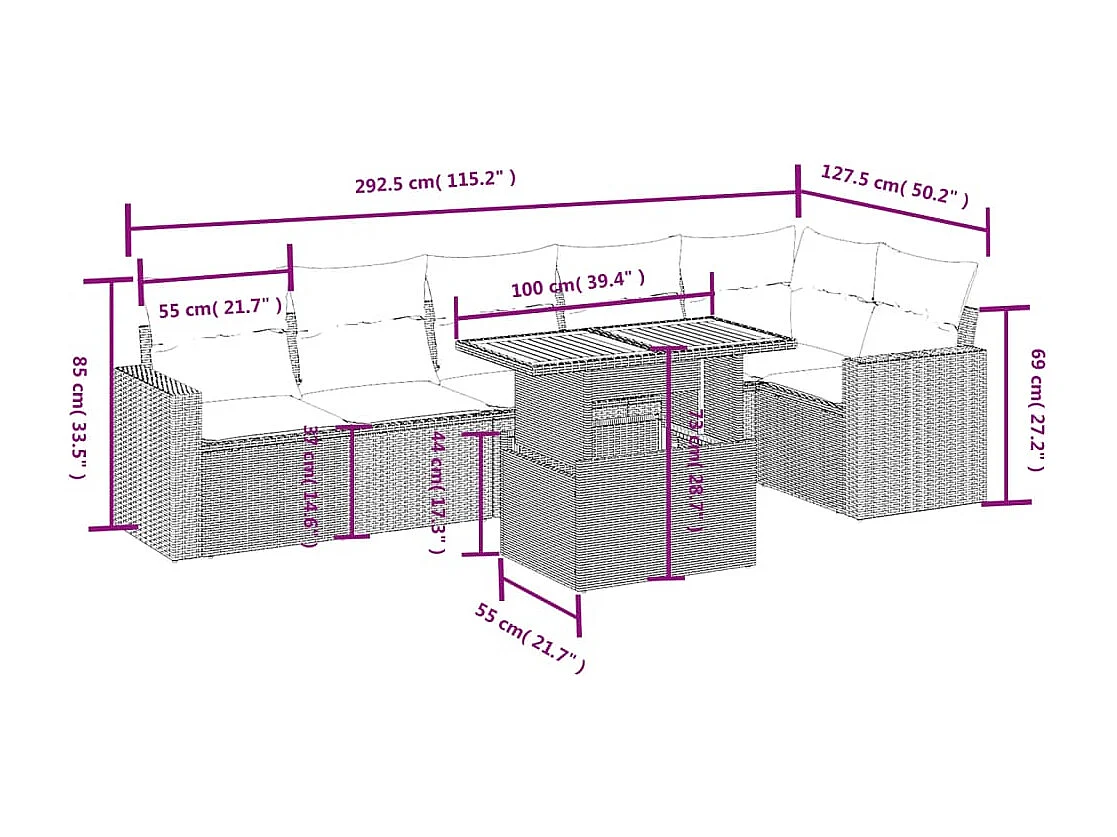 Set Divani da Giardino 7 pz con Cuscini Grigio in Polyrattan