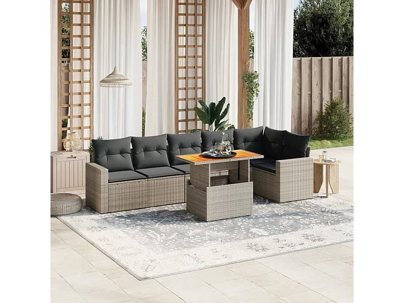7-delige Loungeset met kussens poly rattan grijs