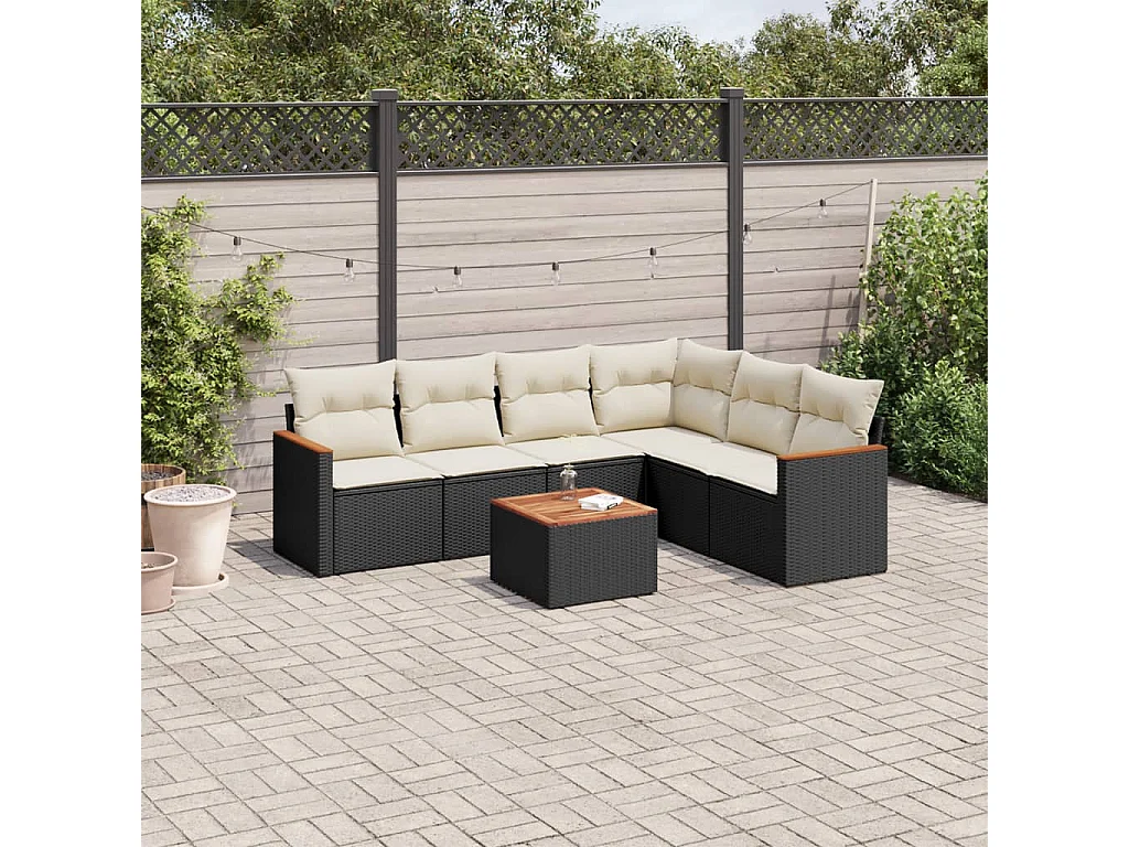 Salon de jardin 7 pcs avec coussins noir résine tressée