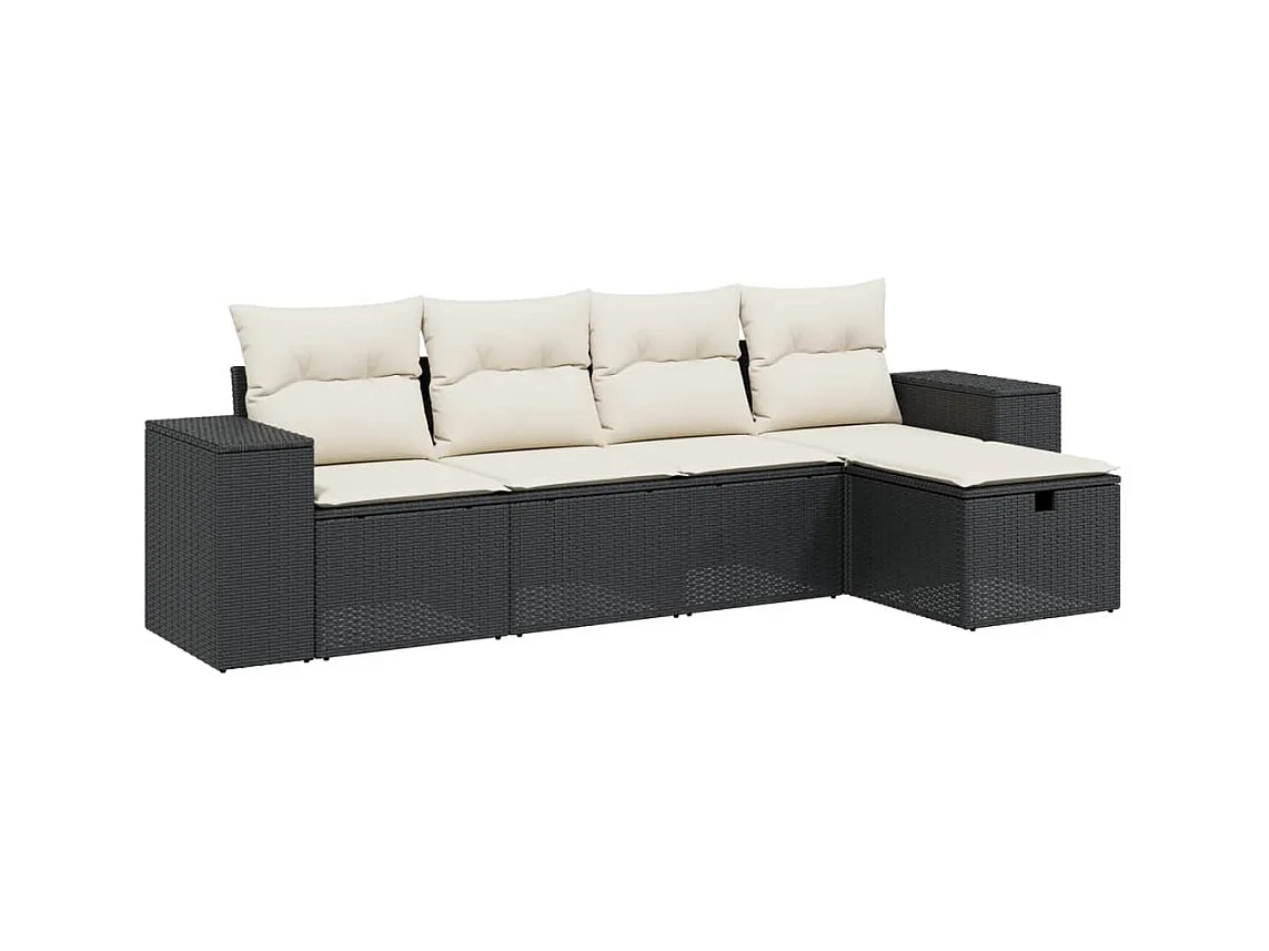 5-delige Loungeset met kussens poly rattan zwart