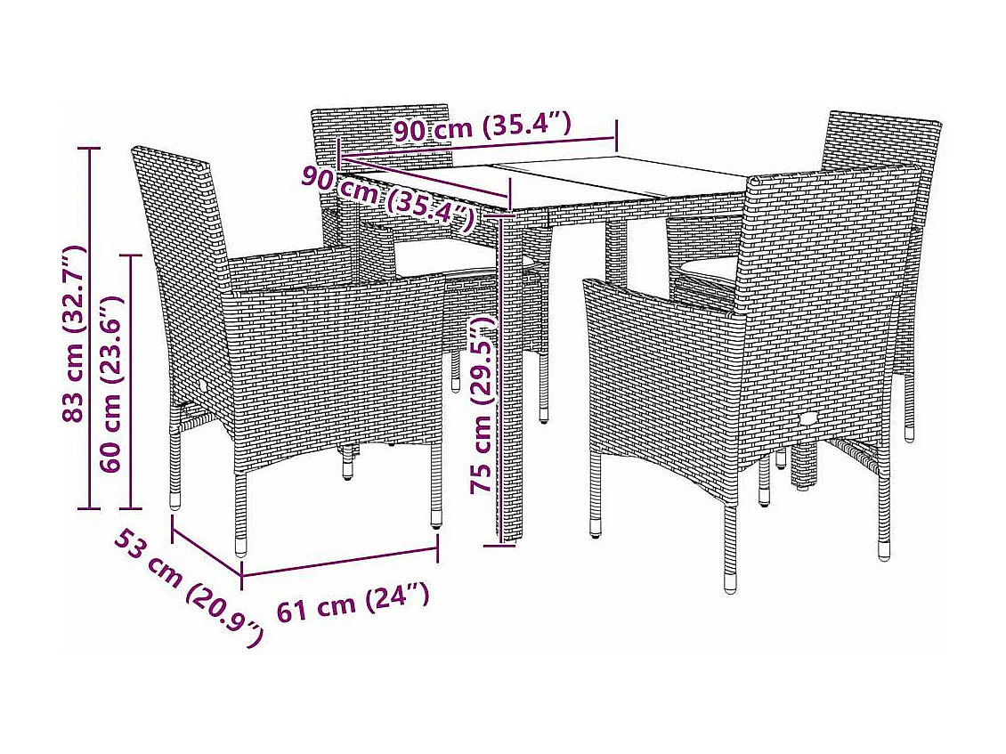 Ensemble à manger de jardin avec coussins 5 pcs rotin et verre