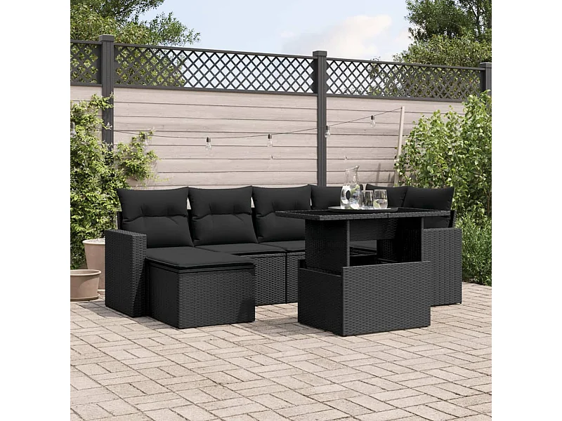 Salon de jardin 7 pcs avec coussins noir résine tressée