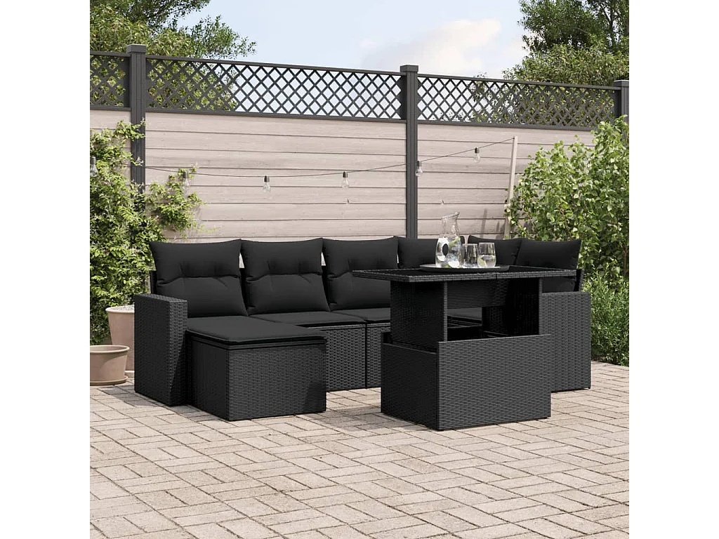 Salon de jardin 7 pcs avec coussins noir résine tressée