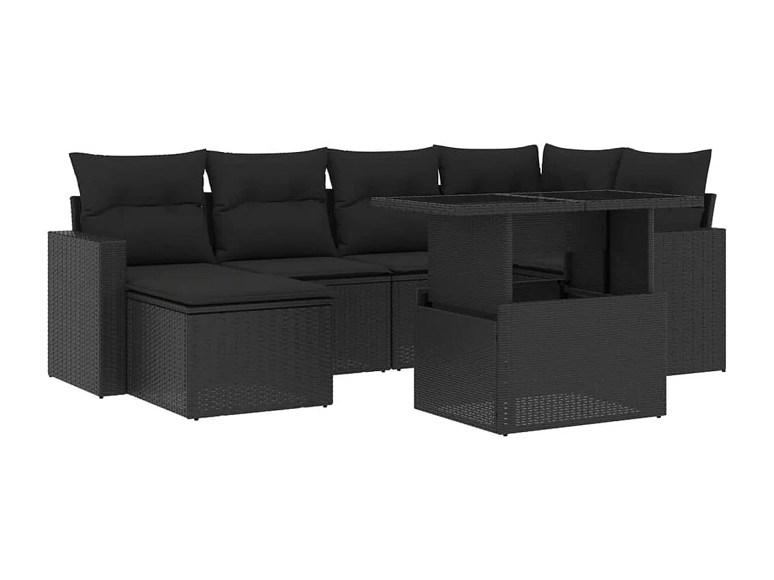 Salon de jardin 7 pcs avec coussins noir résine tressée