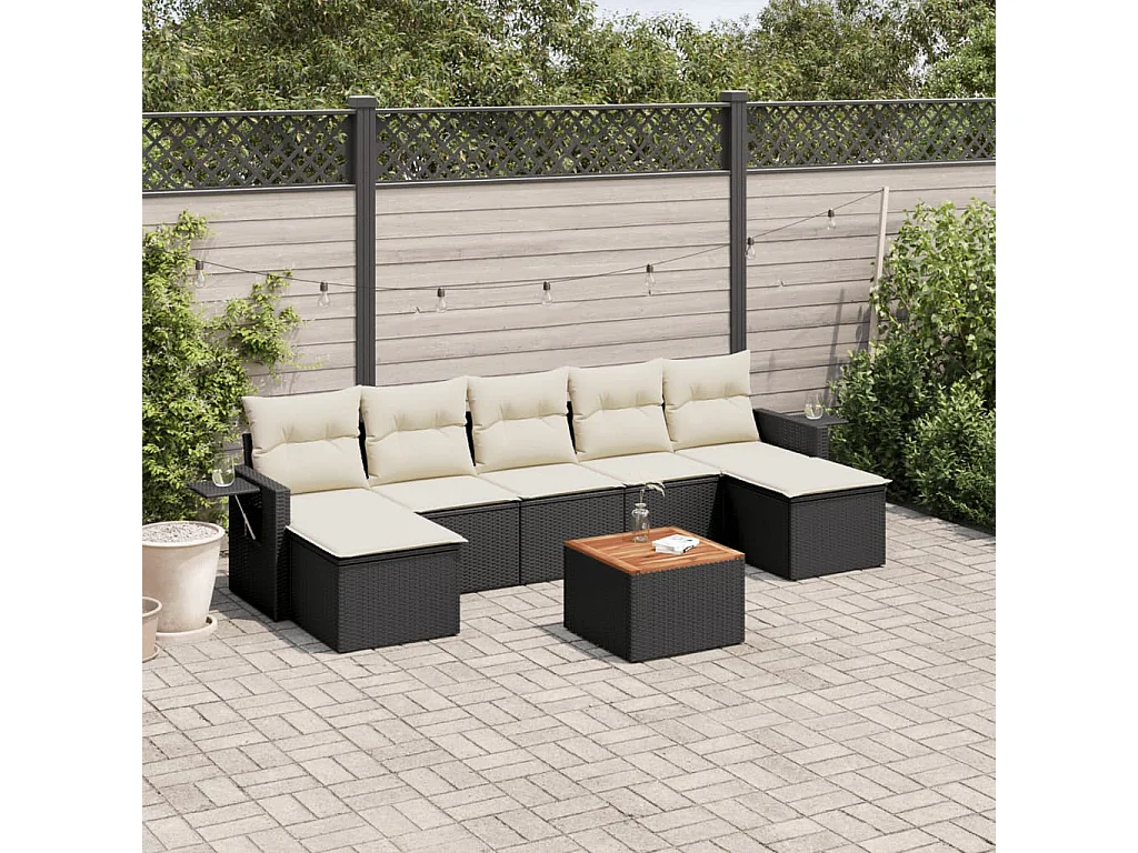 Salon de jardin 8 pcs avec coussins noir résine tressée