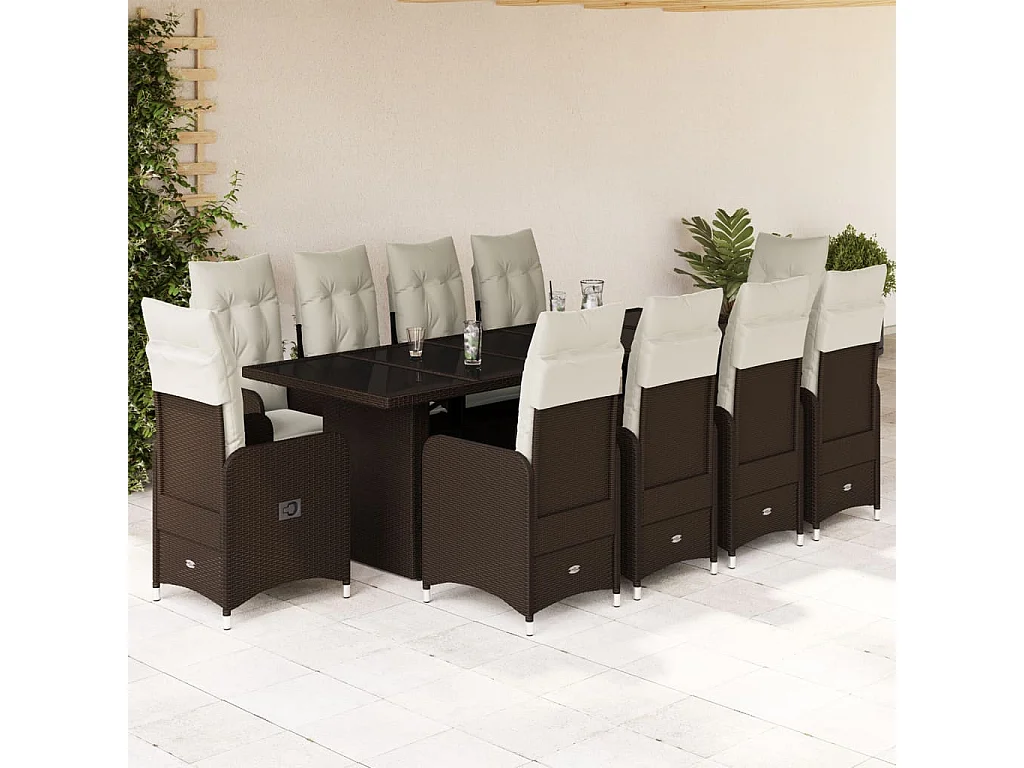 Ensemble de bistro de jardin 11 pcs coussins marron poly rotin