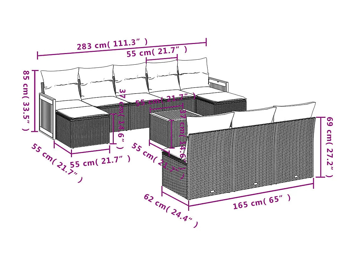 Salon de jardin 11 pcs avec coussins noir résine tressée